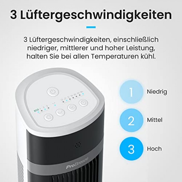 Pro Breeze™ 진동 타워 팬, 높이 100cm, 80도 진동, 3단계 속도 조절이 가능한 기둥 팬, 리모컨 및 타이머가 포함된 45W 팬