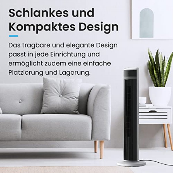 Pro Breeze™ 진동 타워 팬, 높이 100cm, 80도 진동, 3단계 속도 조절이 가능한 기둥 팬, 리모컨 및 타이머가 포함된 45W 팬