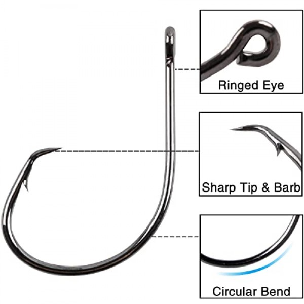낚시 후크 원형 후크 바닷물, 50/150개 인라인 원형 후크 고탄소강 피쉬 후크 직선 눈 가시 포인트 메기 후크 민물 바닷물 낚시용 문어 후크