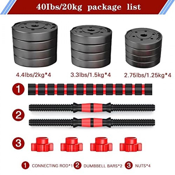 조절 가능한 덤벨 세트, 20/30/40/60/80lbs 프리 웨이트 - 덤벨 2개 세트 바벨로 전환 가능 홈 체육관, 여성 및 남성 장비용 경량 한 쌍