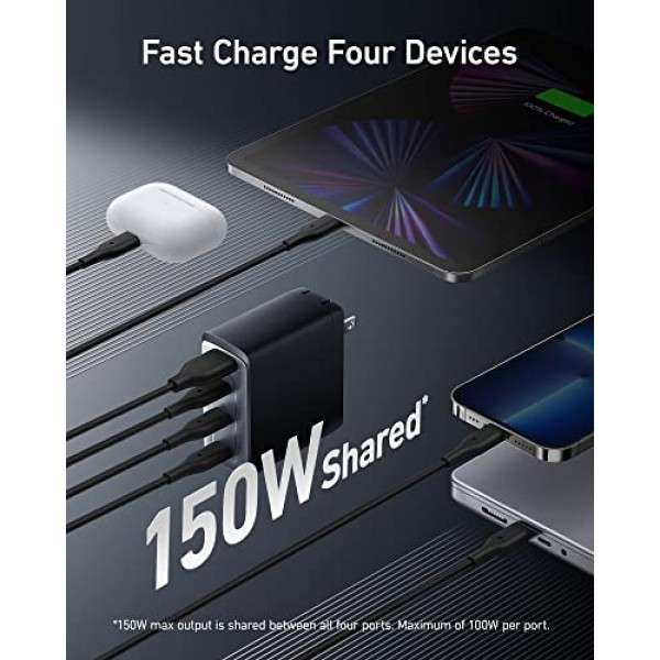 150W USB C 충전기, Anker 747 충전기(GaNPrime), MacBook Pro/Air, iPhone 14/Pro, iPad Pro, Dell XPS 13, Galaxy S22/S21, Note 20/10+, Pixel용 4포트 고속 컴팩트 접이식 Gan 충전기 그리고 더