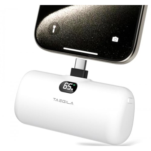 Taegila 휴대용 충전기 iPhone 15 Android USB C 전원 은행 5000mAh, iPhone 15/15 Plus/15 Pro/15 Pro Max, Samsung S22/23 시리즈, Huawei용 케이블 및 LCD 디스플레이가 내장된 미니 배터리 팩