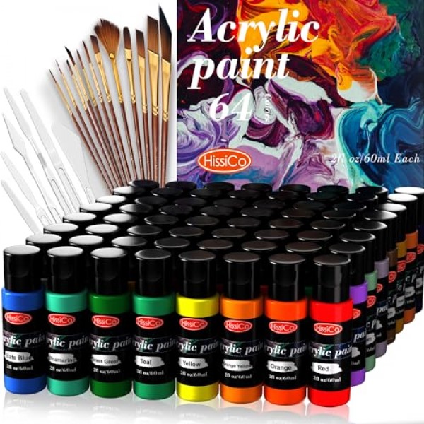 아크릴 페인트 세트 64개 색상 76개 2fl oz 60ml 병 12개 브러쉬, 무독성 64색 아크릴 페인트 어린이를 위한 퇴색 없음 풍부한 안료 성인 예술가 캔버스 공예 나무 그림