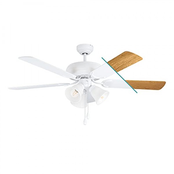 EGLO Las Palmas 천장 팬, 조명이 포함된 5개 블레이드 팬, 풀 체인, 흰색 또는 오크색 합판으로 제작된 양면 블레이드, 무광택 흰색 강철로 제작된 하우징, 여름 겨울 작동,