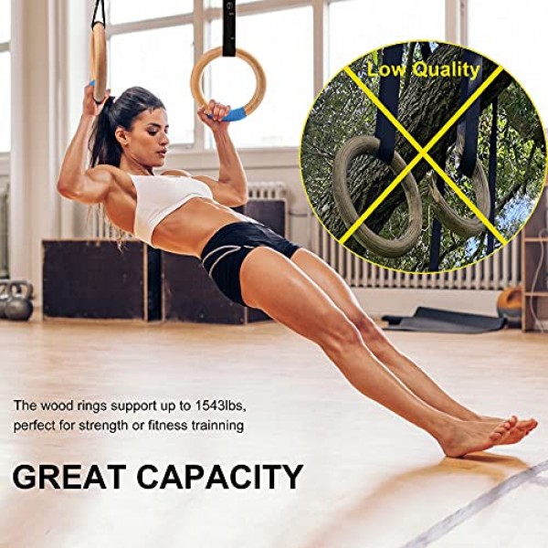 조정 가능한 숫자 서스펜션 트레이너 스트랩이 있는 목재 체조 링 캠 버클 15피트 올림픽 링 풀업 바 운동을 위한 32/28mm 헤비 듀티 1543/992lbs 운동 체육관 교수형 링 실