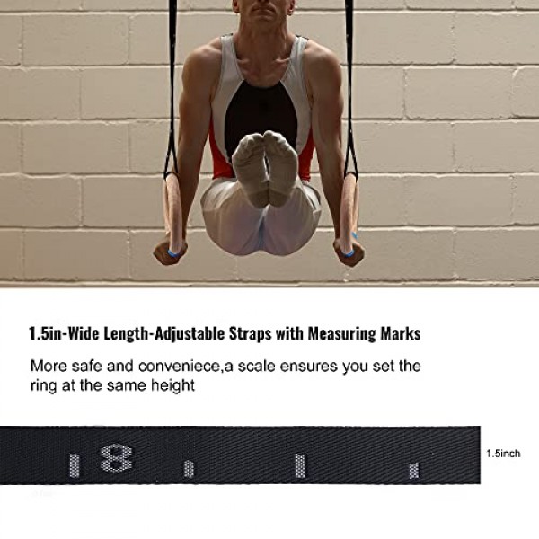 조정 가능한 숫자 서스펜션 트레이너 스트랩이 있는 목재 체조 링 캠 버클 15피트 올림픽 링 풀업 바 운동을 위한 32/28mm 헤비 듀티 1543/992lbs 운동 체육관 교수형 링 실