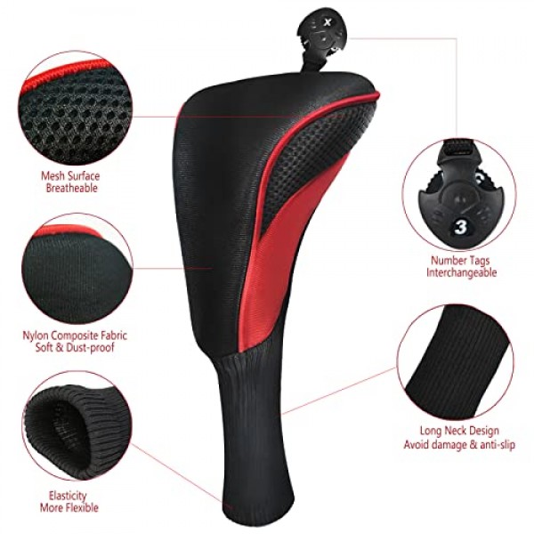 페어웨이 우드 드라이버 하이브리드 용 골프 클럽 헤드 커버 3 조각 긴 목 메쉬 스포츠 팬 골프 클럽 헤드 커버는 교환 가능한 번호 태그로 설정됩니다. 3 4 5 6 7 X 남성 