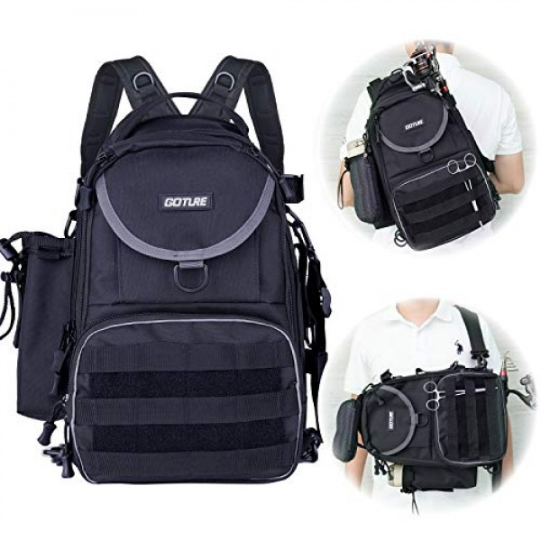 Goture 낚시 태클 보관 배낭 - 경량 600D 방수 야외 어깨 낚시 장비 가방 하이킹 사냥 캠핑 여행용 막대 홀더가 있는 크로스 바디 슬링 데이팩 - 블랙