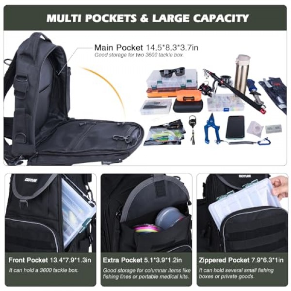 Goture 낚시 태클 보관 배낭 - 경량 600D 방수 야외 어깨 낚시 장비 가방 하이킹 사냥 캠핑 여행용 막대 홀더가 있는 크로스 바디 슬링 데이팩 - 블랙
