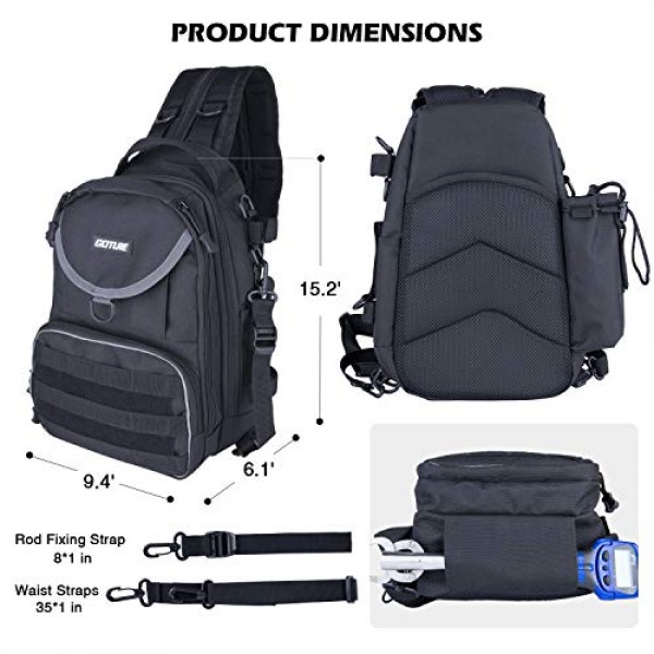 Goture 낚시 태클 보관 배낭 - 경량 600D 방수 야외 어깨 낚시 장비 가방 하이킹 사냥 캠핑 여행용 막대 홀더가 있는 크로스 바디 슬링 데이팩 - 블랙