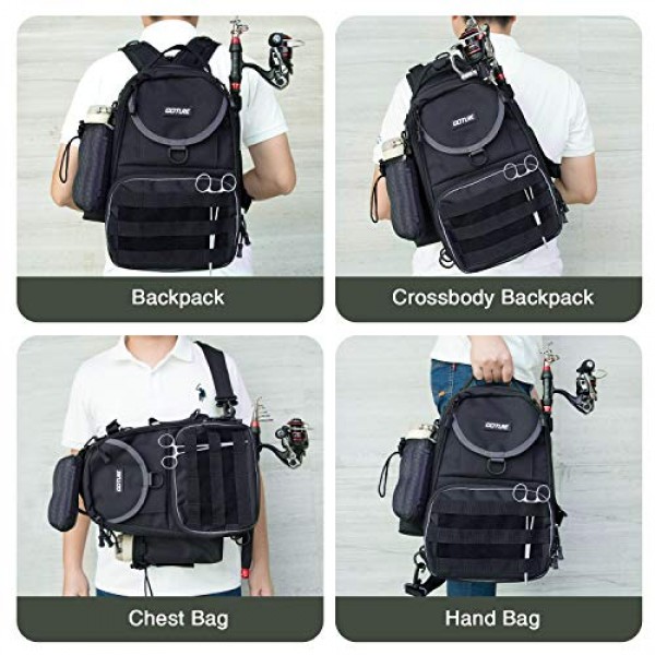 Goture 낚시 태클 보관 배낭 - 경량 600D 방수 야외 어깨 낚시 장비 가방 하이킹 사냥 캠핑 여행용 막대 홀더가 있는 크로스 바디 슬링 데이팩 - 블랙