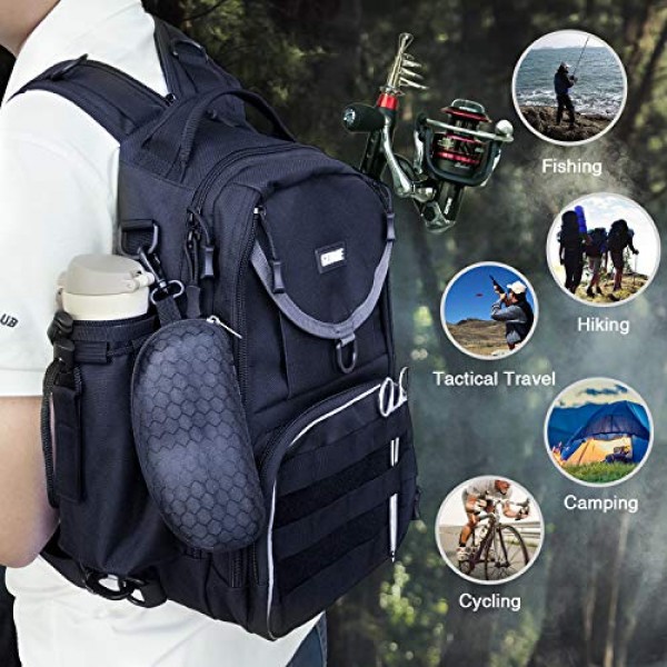 Goture 낚시 태클 보관 배낭 - 경량 600D 방수 야외 어깨 낚시 장비 가방 하이킹 사냥 캠핑 여행용 막대 홀더가 있는 크로스 바디 슬링 데이팩 - 블랙