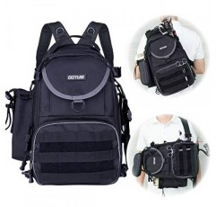 Goture 낚시 태클 보관 배낭 - 경량 600D 방수 야외 어깨 낚시 장비 가방 하이킹 사냥 캠핑 여행용 막대 홀더가 있는 크로스 바디 슬링 데이팩 - 블랙