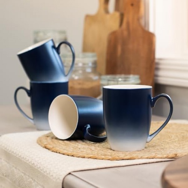 Elanze Designs 블루 화이트 투톤 옴브레 매트 12온스 세라믹 석기 커피 컵 머그 4개 세트