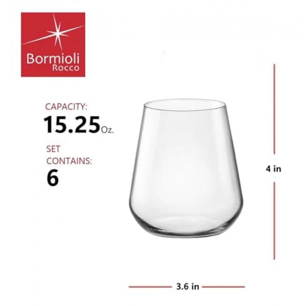 Bormioli Rocco InAlto Uno 스템리스 유리, 6개 세트, 15.25oz, 투명
