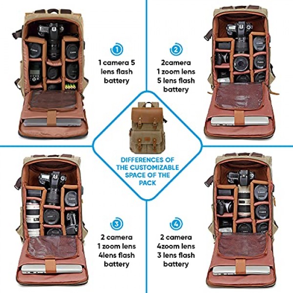 카메라 백팩 - 내후성 16온스 왁스 처리된 메모리 캔버스 - 15.6인치 노트북 슬리브 수납공간과 사진작가용 삼각대 홀더가 있는 DSLR SLR 백팩 - 빈티지 가죽 스타일(카키