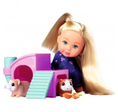 Simba 105733636 Evi Love Guinea Pigs, 두 마리의 기니피그와 집이 있는 놀이 인형, 물병과 당근, 12cm, 3세부터, 다색