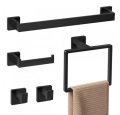 5개 사각형 매트 블랙 스테인레스 스틸 욕실 액세서리 세트에는 수건 걸이 16개, 화장지 홀더, 수건 반지, 가운 수건 걸이 2개가 포함됩니다.