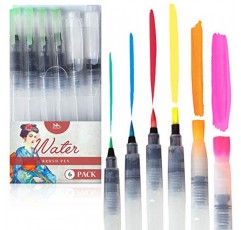 MozArt 용품 워터 브러쉬 펜 - 브러쉬 팁 6개 세트 아쿠아 펜 - 수채화 물감, 수용성 연필, 브러쉬 펜, 마커 - 리필용 브러쉬 펜 - 아쿠아 펜, 아트 브러쉬에 적합