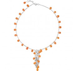 Franki Baker Orange Natural Carnelian (Cornelian) Gemstones & White Natural Pearl Necklace on 925 Sterling Silver Chain