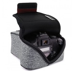 네오프렌 보호 장치, 홀스터 벨트 루프 및 액세서리 보관 기능이 있는 USA Gear DSLR 카메라 슬리브 - Canon EOS Rebel T7, 850D, 250D, R7, Nikon D3500, D5600 등과 호환 - 회색 직조 패턴