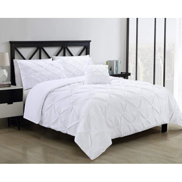 Fixtex Pinch Pleat Pintuck Duvet Cover Set with Fitted Sheet & Pillow Cases 포함 Complementary Cushion Cover – Set of 5 (Double, White) Weiß Doppelbett