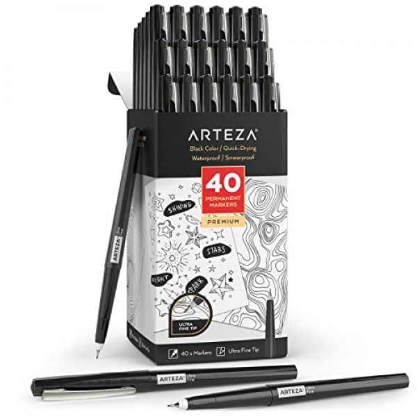 ARTEZA 영구 마커, 검정색 펜 40개, 초미세 팁 페인트 펜, 속건성, 방수, 서예 및 메모 작성용, 사무실, 교실