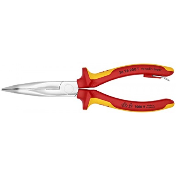 Knipex - 커터-1000V 절연 테더 부착 장치가 있는 긴 노즈 40° 각진 플라이어(2626200T)