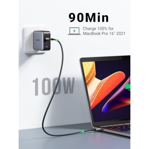 UGREEN USB C-USB C 케이블, iPhone 15/15 Plus/15 Pro/15 Pro Max, MacBook Pro, iPad Pro, Dell XPS, Samsung Galaxy S24/S23/S22 Ultra, 스위치, Pixel, 3.3용 100W USB C 충전기 케이블 FT 블랙