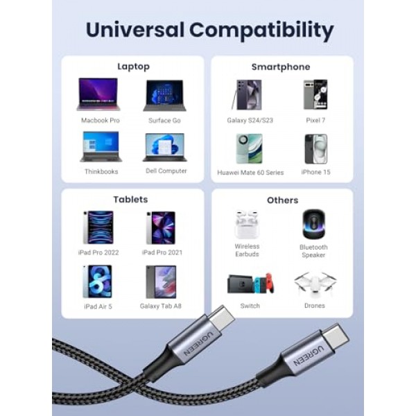 UGREEN USB C-USB C 케이블, iPhone 15/15 Plus/15 Pro/15 Pro Max, MacBook Pro, iPad Pro, Dell XPS, Samsung Galaxy S24/S23/S22 Ultra, 스위치, Pixel, 3.3용 100W USB C 충전기 케이블 FT 블랙