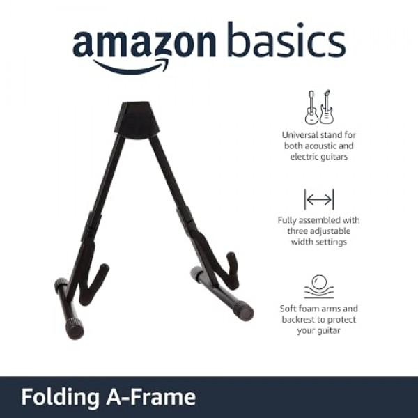 미끄럼 방지 고무 및 소프트 폼 암이 포함된 어쿠스틱 및 일렉트릭 기타용 Amazon Basics 조정 가능한 기타 접이식 A자형 프레임 스탠드, 완전 조립됨, 검정색
