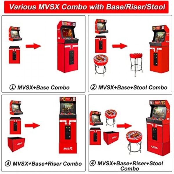베이스 및 라이저 세트가 포함된 UNICO SNK NEOGEO MVSX 아케이드, 사전 로드된 50개의 SNK 공식 정품 복고풍 게임, The King of Fighters/Samurai/Metal Sl을 포함하여 2개의 조이스틱으