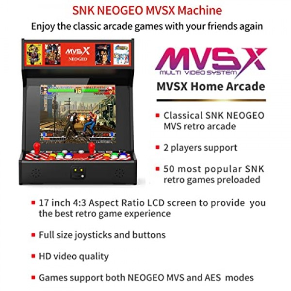 베이스 및 라이저 세트가 포함된 UNICO SNK NEOGEO MVSX 아케이드, 사전 로드된 50개의 SNK 공식 정품 복고풍 게임, The King of Fighters/Samurai/Metal Sl을 포함하여 2개의 조이스틱으