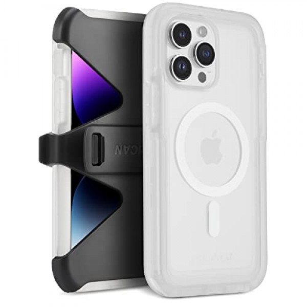 Pelican Voyager 시리즈 - iPhone 14 Pro Max 케이스 6.7인치 [MagSafe와 호환 가능] [노란색 방지] 벨트 클립 홀스터 킥스탠드가 포함된 자기 충전 휴대폰 케이스 [18피트 군용 등급 