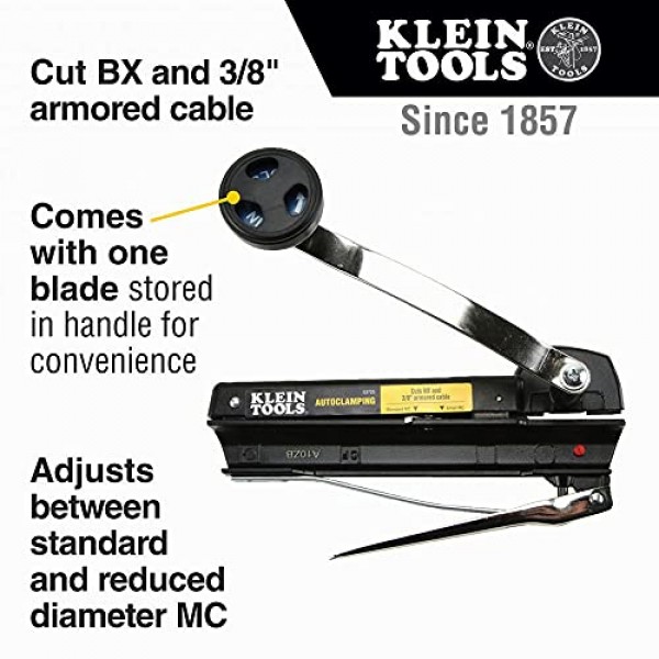 Klein Tools 53725 아머드 및 BX 케이블 커터, 최대 3/8인치 아머드 케이블 절단-BX-AC-MC-MCAP-그린필드, 보관 및 추가 블레이드 포함