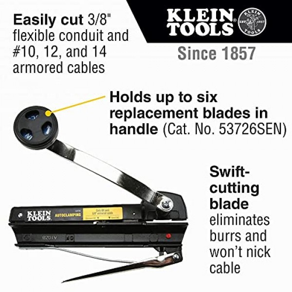 Klein Tools 53725 아머드 및 BX 케이블 커터, 최대 3/8인치 아머드 케이블 절단-BX-AC-MC-MCAP-그린필드, 보관 및 추가 블레이드 포함