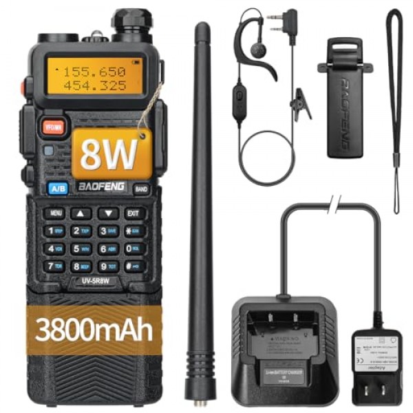 Boafeng 햄 라디오 UV-5R 8W 성인용 휴대용 듀얼 밴드 장거리 워키 토키 128 채널 3800mAh 배터리 이어폰이있는 양방향 라디오