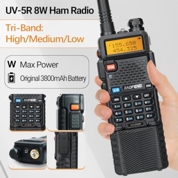 Boafeng 햄 라디오 UV-5R 8W 성인용 휴대용 듀얼 밴드 장거리 워키 토키 128 채널 3800mAh 배터리 이어폰이있는 양방향 라디오