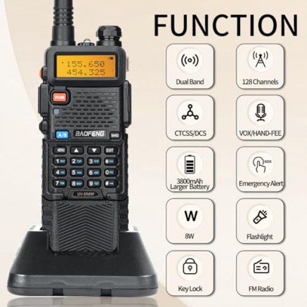 Boafeng 햄 라디오 UV-5R 8W 성인용 휴대용 듀얼 밴드 장거리 워키 토키 128 채널 3800mAh 배터리 이어폰이있는 양방향 라디오