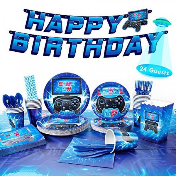 DECORLIFE 200PCS 비디오 게임 생일 파티 용품 24인분, 소년을 위한 생일 파티 용품 게임 식탁보, 팝콘 상자, 게임 파티 장식 포함