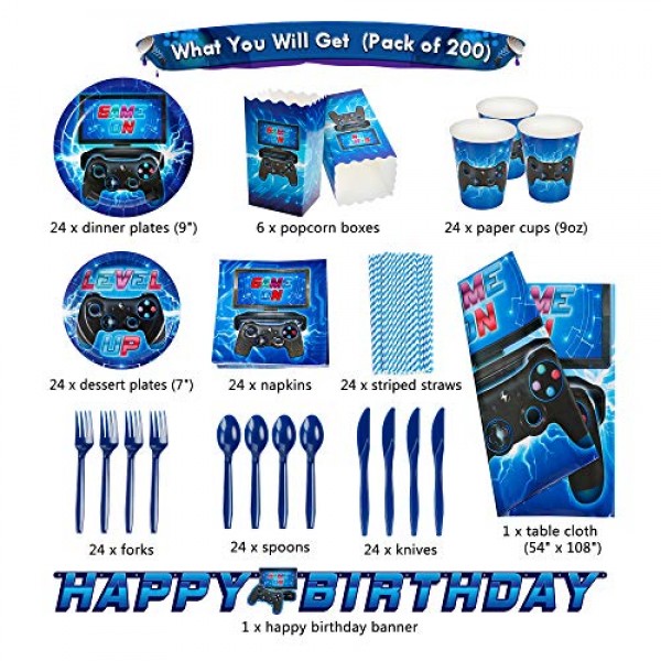DECORLIFE 200PCS 비디오 게임 생일 파티 용품 24인분, 소년을 위한 생일 파티 용품 게임 식탁보, 팝콘 상자, 게임 파티 장식 포함