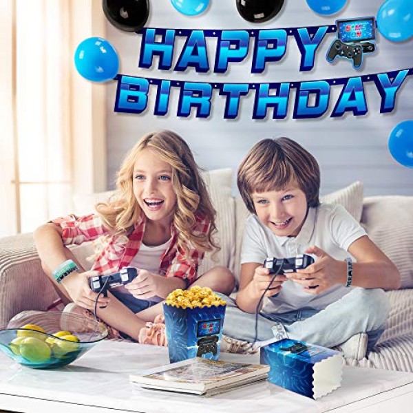 DECORLIFE 200PCS 비디오 게임 생일 파티 용품 24인분, 소년을 위한 생일 파티 용품 게임 식탁보, 팝콘 상자, 게임 파티 장식 포함