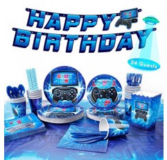 DECORLIFE 200PCS 비디오 게임 생일 파티 용품 24인분, 소년을 위한 생일 파티 용품 게임 식탁보, 팝콘 상자, 게임 파티 장식 포함