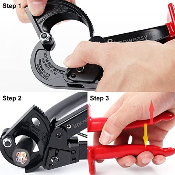 Knoweasy 케이블 커터 및 래칫 와이어 커터는 최대 240mm²의 알루미늄 및 멀티 코어 케이블에 작동합니다.