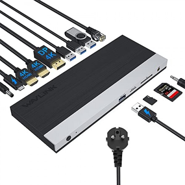 130W DC 전원 공급 장치가 포함된 USB C 도킹 스테이션, HDCP가 포함된 WAVLINK 트리플 디스플레이 도킹 스테이션 USB C 허브, 듀얼 HDMI, DisplayPort, 기가비트 이더넷, USB 3개, BC1.2