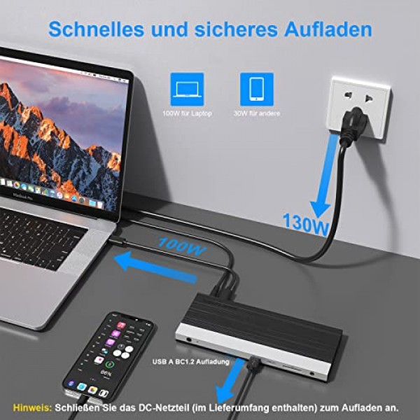 130W DC 전원 공급 장치가 포함된 USB C 도킹 스테이션, HDCP가 포함된 WAVLINK 트리플 디스플레이 도킹 스테이션 USB C 허브, 듀얼 HDMI, DisplayPort, 기가비트 이더넷, USB 3개, BC1.2