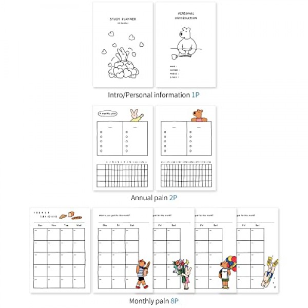Monolike Happy and Lucky 4개월 학습 플래너, 독서 - 학업 플래너, 주간 및 월간 플래너, 학습 계획