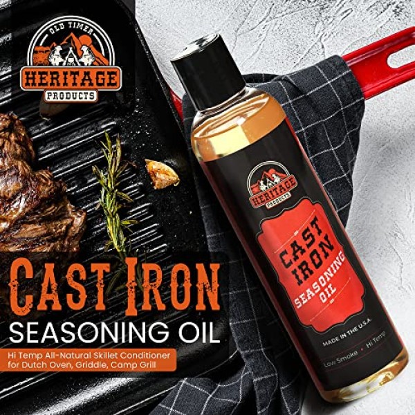 Heritage Products 주철 시즈닝 오일 - 더치 오븐, 철판, 캠프 그릴용 저연, 고온 완전 천연 프라이팬 컨디셔너 - 아보카도 오일로 주철 조리기구를 청소하고 보호합니다.