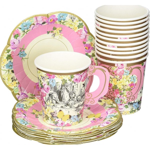 Talking Tables Truly Alice 컵 손잡이와 접시 세트, 종이/판지 멀티 컬러, 14.2 x 14.5 x 16.1 cm & 테이블 Truly Alice Dainty Party 냅킨 20컵 세트 + 냅킨