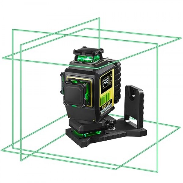 Firecore 4 x 360 레이저 레벨 셀프 레벨링 프로, 16라인 4D 녹색 십자선 타일링 바닥 레이저 도구(LCD 화면 포함), 3가지 밝기 조정/펄스 모드 - 충전식 배터리 및 원격 제어(F9